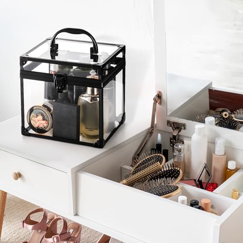 Okllen Clear Crown Makeup Organizer Case - Acrylic Cosmetic Storage Box with Handle