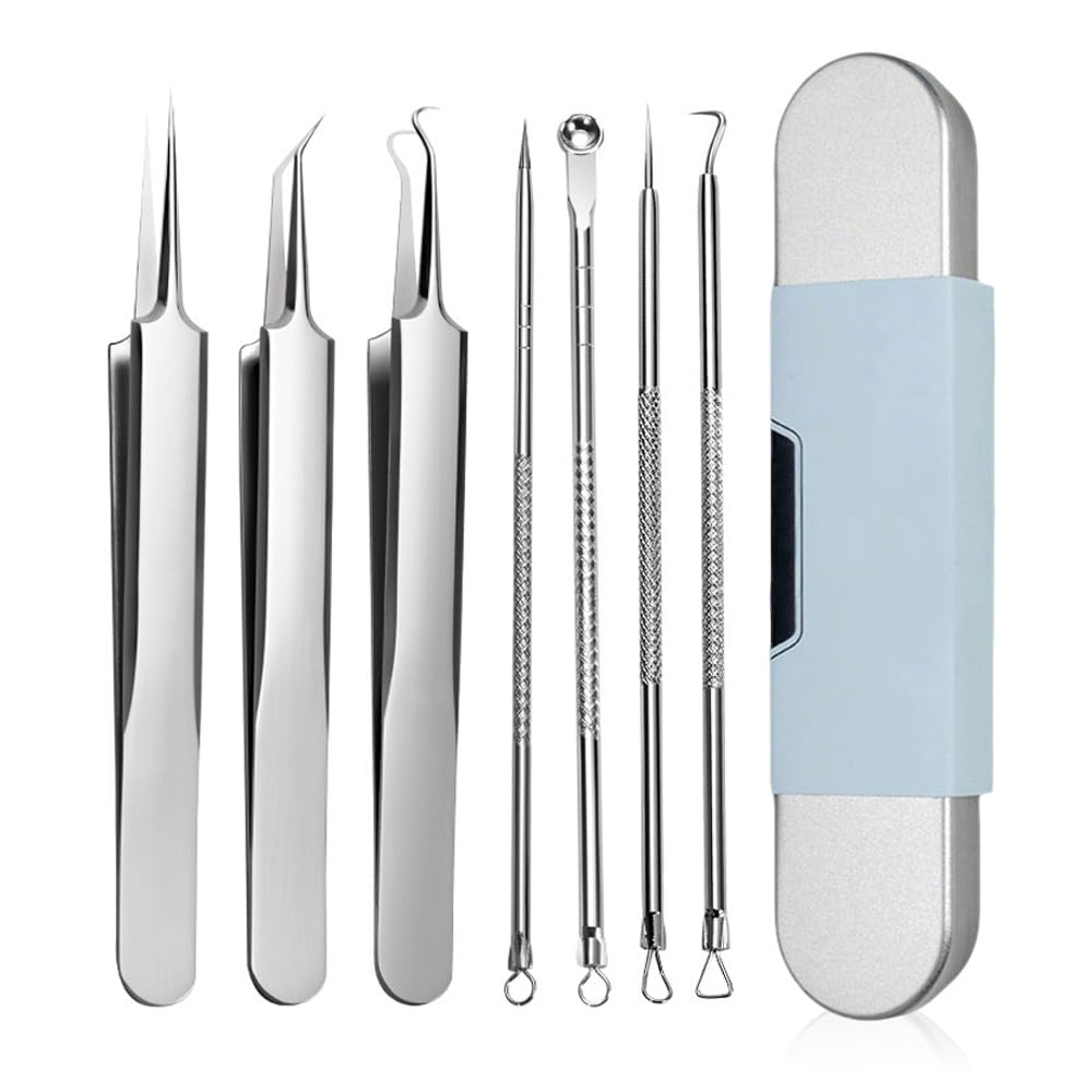 Jurfest 7 Piece Set Blackhead Extraction,Stainless Steel Blackhead Remover, Professional Facial Blackhead Remover Tweezers