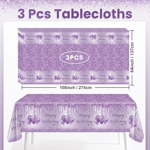 3 Pack Purple Birthday Tablecloths - 108 x 54 Inch Disposable Decor