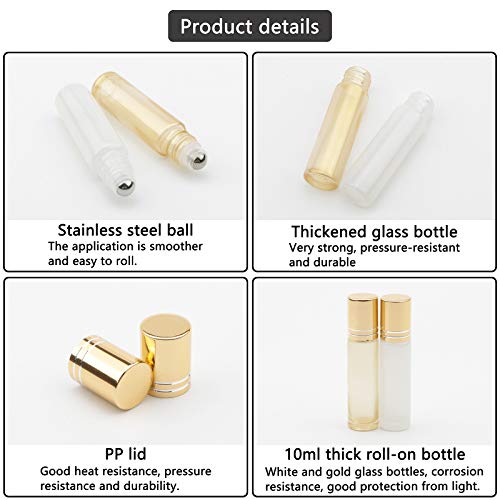 Kesell 10ml Glass Roller Bottles - 10-Pack Pearl White & Gold