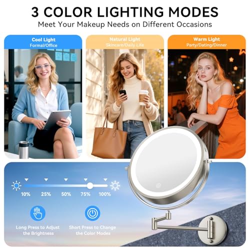 5000mAh Rechargeable Wall Mounted Lighted Makeup Mirror, 9'' 30X/1X Double-Sided Magnifying Mirror with Light, Bathroom Mirror Touch Dimmable 3 Colors 360¡Æ Rotation Extended Arm, Power Adapter