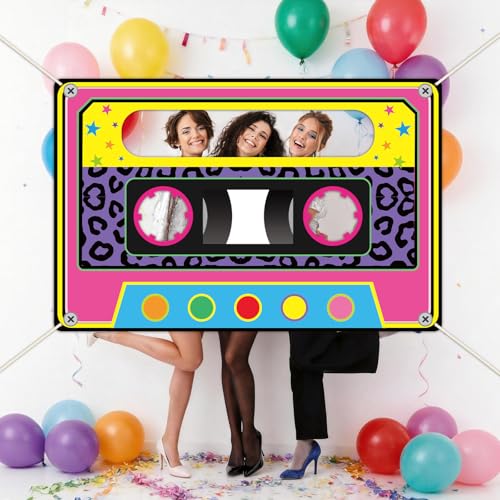 Retro 80s 90s Photo Booth Backdrop - Neon Cassette Tape 71x46