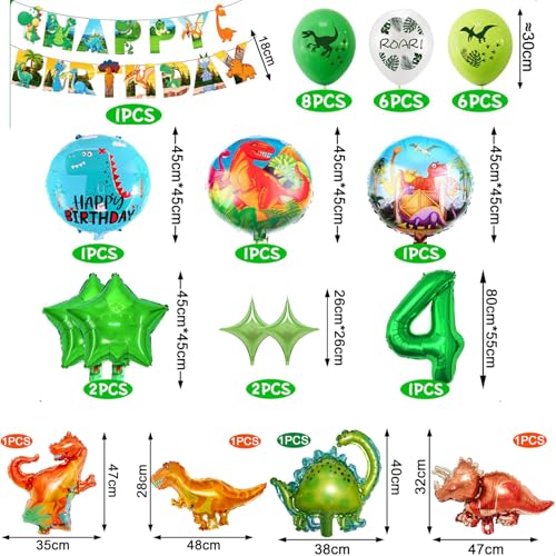 Dinosaur 4th Birthday Party Decorations - Green Foil Balloons & Banner