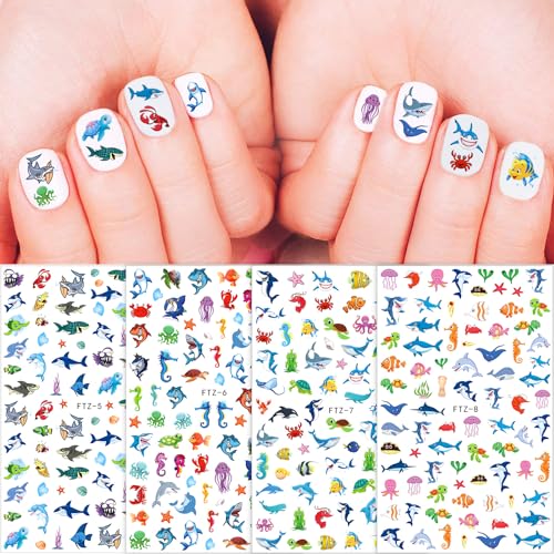 FUMIHIT Ocean Animals 8 Sheets Shark Nail Art Stickers 3D Self-Adhesive Decals