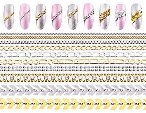 Metallic Nail Art Chains 10 Strips for Nails & Crafts - Gold & Silver Glitter Beads