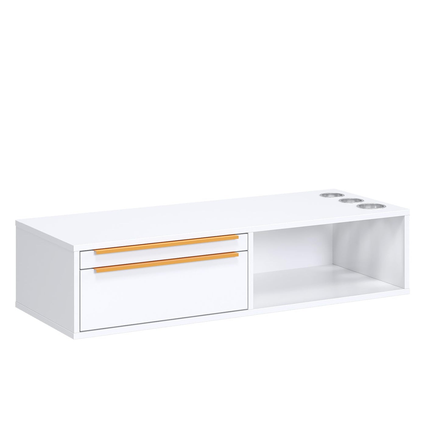 OmySalon Wall Mount Salon Station, Hair Stylist Cabinet with 3 Heat Resistant Dryer Holders, 2 Drawers & Open Shelf, Storage Organizer for Barbershop, Beauty SPA, Bathroom, White Gold