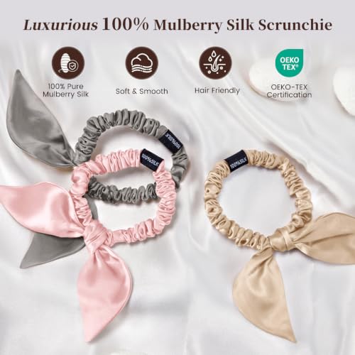 THXSILK 100% Pure Mulberry Silk Hair Scrunchies with Bow - 3 Pcs in Champagne, Grey, Charming Pink