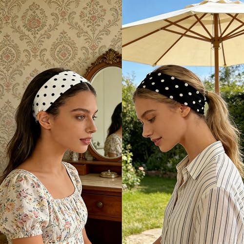 2-Pack Vintage Polka Dot Headbands for Women - Black & White