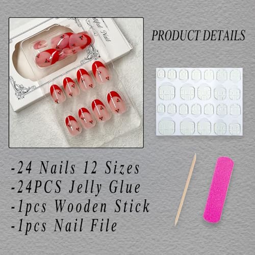 ROFIBUT Red French Tip Press-On Nails - Almond Short Fake Nails, 24 Pcs