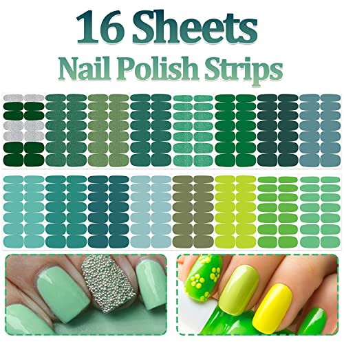 Vibrant Green Nail Wraps Set - 16 Sheets Self-Adhesive Gel Nail Strips for Women