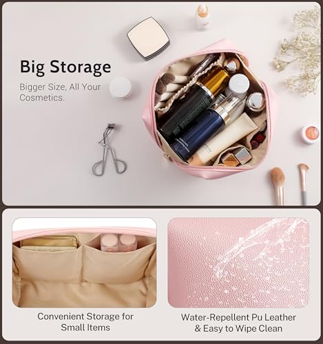 Aveniee Large Vegan Leather Makeup Bag - Travel Toiletry Organizer, Pink