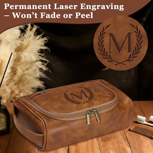 Aganmi Light Brown Personalized Men's Travel Toiletry Bag - Fathers Day Gift