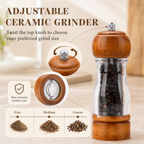 Manual Salt and Pepper Grinder Set with Oak Tray - Adjustable Ceramic Mills