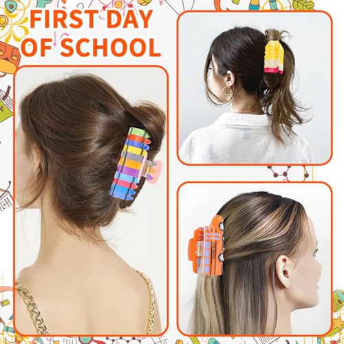 KICOSY Pencil 1 Clip Set - 4 School Bus, Crayon & Pencil Hair Clips for Teachers & Students, Back-to-School