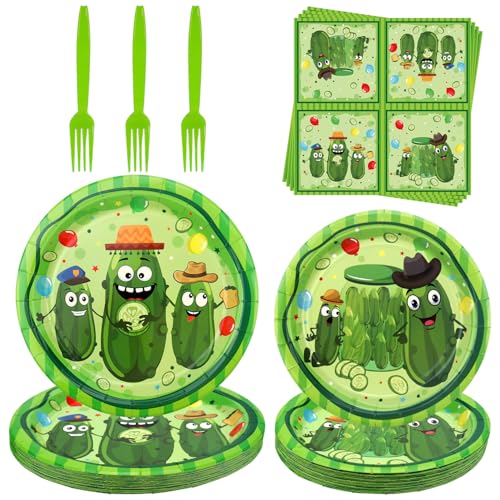 Pickle Party Supplies Kit - 25 Dinner Plates, Dessert Plates, Napkins & Forks