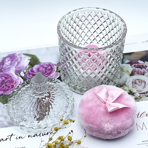 Luxury 4.2 Inch Glass Powder Container with 2 Plush Puffs - Pink Handle & Bow