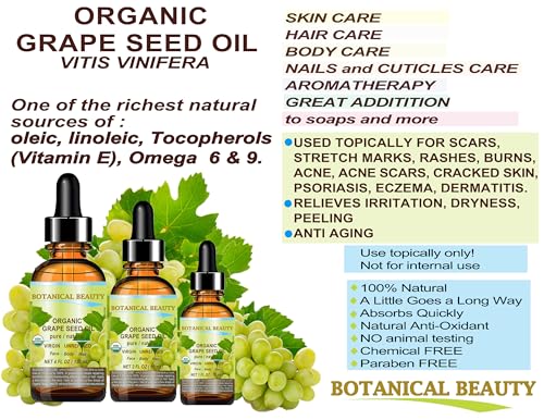 Botanical Beauty Organic Grape Seed Oil - 100% Pure Cold-Pressed Face & Hair