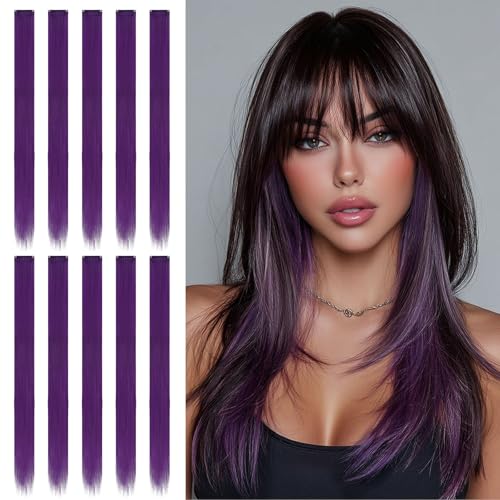 SOFEIYAN 10-Piece Colorful Clip-In Hair Extensions - Purple, 22 Inch Synthetic Highlights for Women