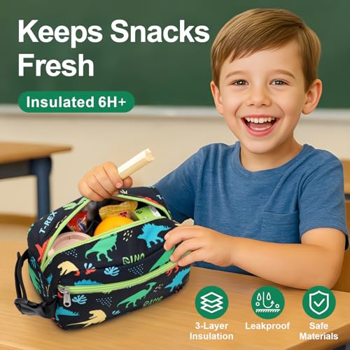 Bagseri Insulated Kids Snack Bag - Black Dinosaur, 3.9L