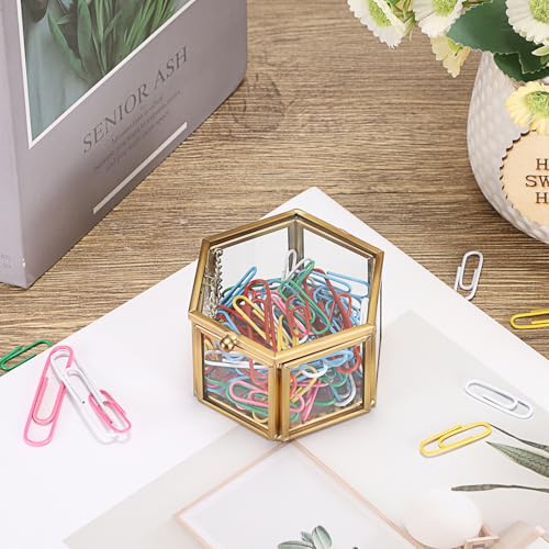BTSKY Golden Glass Paper Clip Holder - Elegant Hexagon Desk Organizer