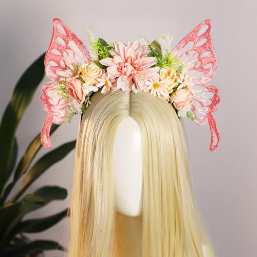 Pink Butterfly Fairy Headband with Wings - Floral Crown for Cosplay