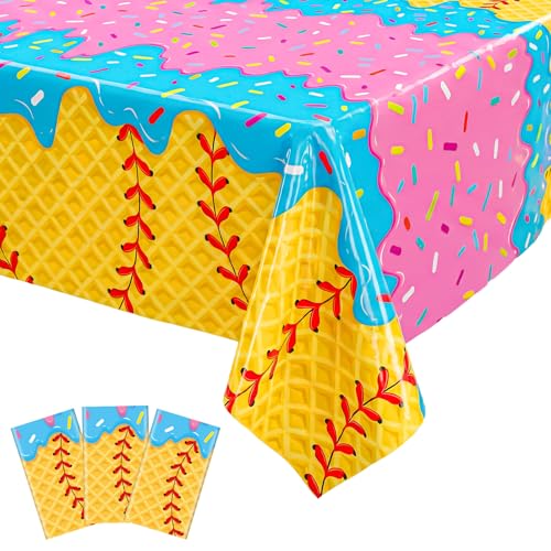 3 Pack Baseball Ice Cream Drip Disposable Tablecloths - 54x108 Inches