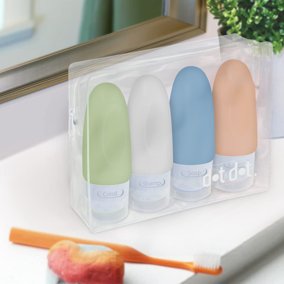 Dot&Dot Leak Proof Travel Bottles - Tubes for Liquid TSA Approved 2oz Silicone Toiletries Travel Shampoo & Conditioner Containers with Labels