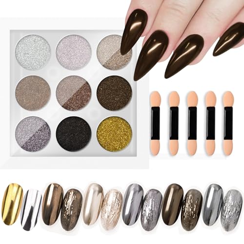 Vonrui Brown M Chrome Nail Powder Kit - Copper & Black Nail Art Set