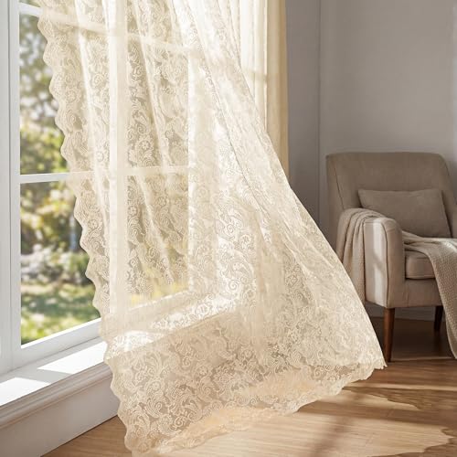 Beige Lace Curtains Set of 2 | 55x84in Floral Victorian Design
