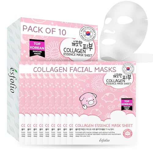 esfolio Collagen Essence Sheet Mask - Hydrating & Firming Facial Mask for Glowing Skin - Anti-Aging Korean Skincare - Pack of 10