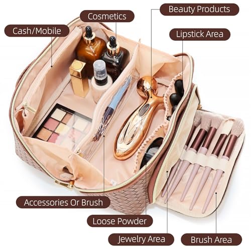 Reaoly Go Brown Travel Makeup Bag - Waterproof Organizer with Dividers