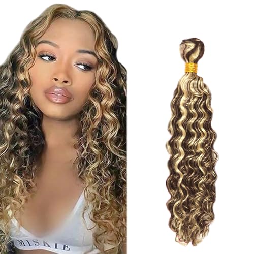 HrceYocr Blonde & Brown Deep Wave Human Hair Extensions 26 Inch P4/613 Bundle