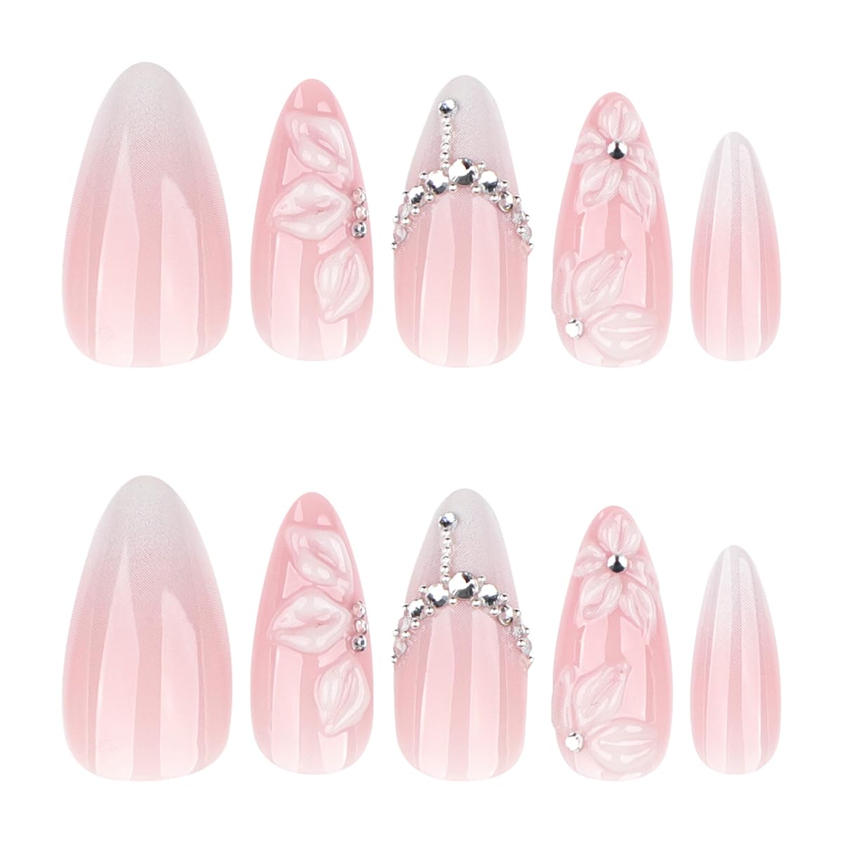 24Pcs 3D Flower Press on Nails Medium Almond Fake Nails Flowers Rhinestones Glitter Designs Full Cover White French Tip Stick on Nails Spring Summer False Nails for Women Acrylic Artificial Manicure