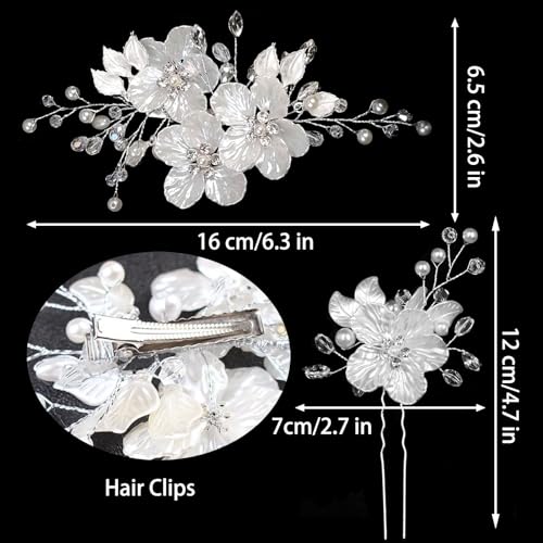 Supgoodom Glitter Emboss White Flower Bridal Hair Clips & Pins Set - Crystal Pearl Wedding Accessories