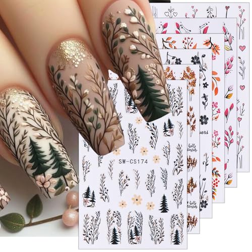 6 Sheets Fall Nail Art Stickers - 3D Self-Adhesive Floral Designs