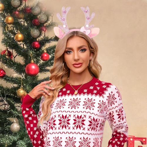 MexLuyu Christmas Reindeer Antlers Headband with Pink Bow - Animal Ears Costume Accessory