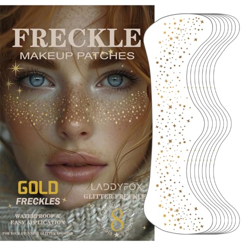 8 Pcs Gold Face Makeup Patches, Gold Glitter Freckles Face Tattoo, Glitter Freckles, Sparkle Makeup Patches, Waterproof Face Glitter Temporary Tattoos for Women and Girls