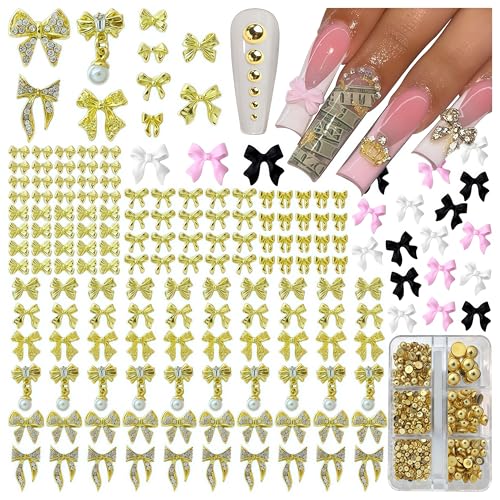 Gehaiwo 290PCS Gold Bow Nail Charms & Pearls - D Variation for DIY Nail Art