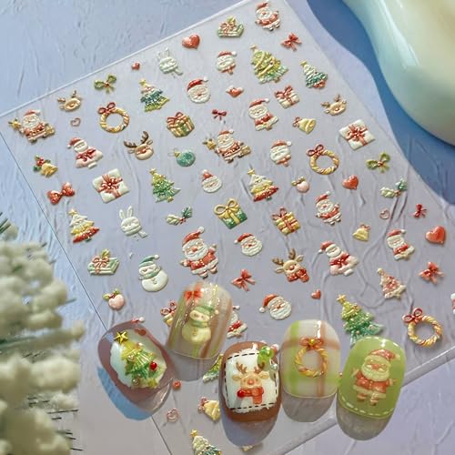 4 Sheets Christmas Nail Stickers – Gingerbread Man, Snowman, Santa Bear 5D Embossed Self-Adhesive Decals (Winthrop) – Holiday Manicure Kit