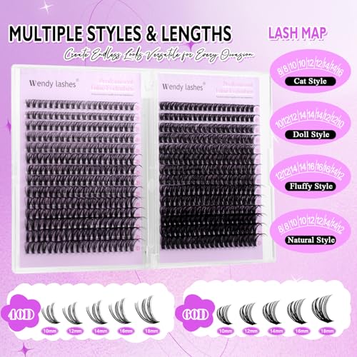 WENDY LASHES Lash Clusters 40D+60D, 560PCS, 10-18mm D-Curl, Customizable Salon Look