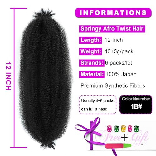 KEPBEAY 12 Inch Afro Twist Crochet Braiding Hair - 6 Packs, 1B#