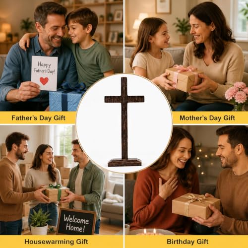 Rustic Distressed Standing Cross - 11 Inch Dark Wood Grain Resin Decor