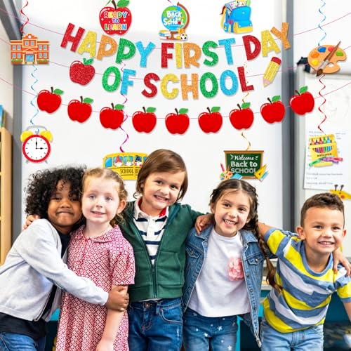 Happy First Day of School Banner Decorations with Glitter Garland