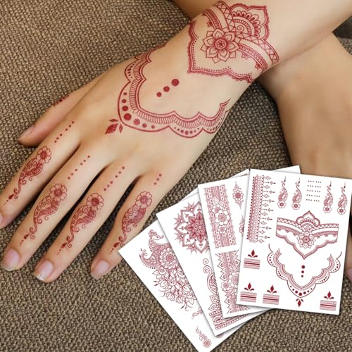CHARLENT 12 Sheets Brown Henna Temporary Tattoos for Women - Waterproof & Long Lasting