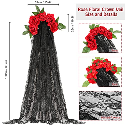 Day of the Dead Rose Flower Crown Headband with Long Veil for Halloween