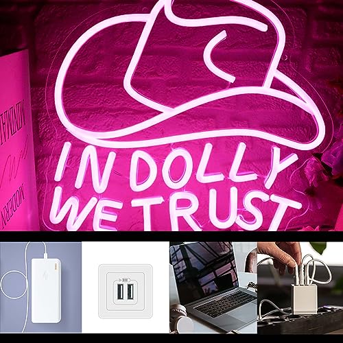 In Dolly We Trust Neon Sign - Pink Cowgirl Hat LED Wall Art
