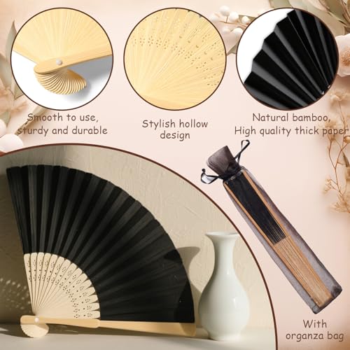 HJX 12Pcs Black Paper Hand Fans - Elegant Wedding Party Favors