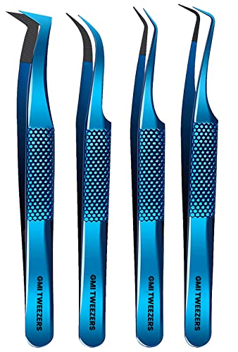 GMI Lash Tweezers Set - 4 Stainless Steel Blue Plasma Eyelash Tools