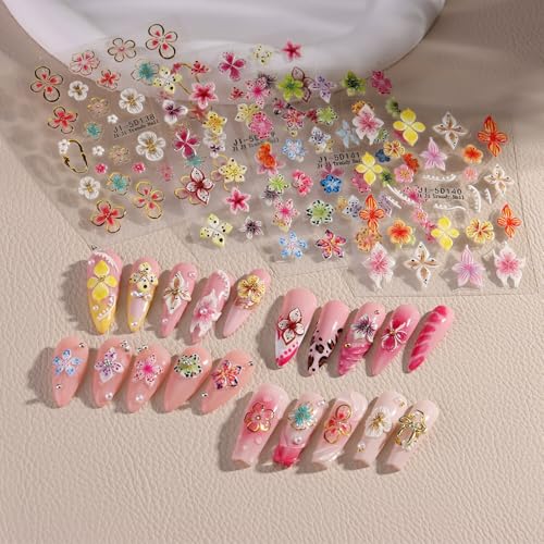 MIXFOSAHN 3D Flower Style Nail Stickers Self-Adhesive Colorful Floral Art Set - 4 Sheets