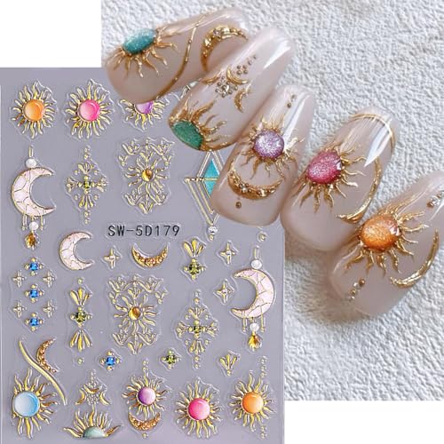 Bohemian Nail Decals 2 Sheets Sun & Moon Embossed Star Stickers Self-Adhesive